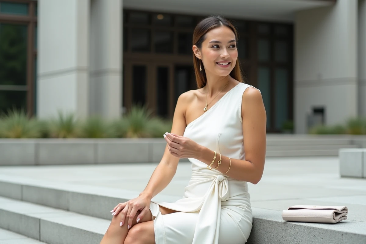 Femme en robe blanche asymétrique assise sur les marches d'une mairie contemporaine lors d'un mariage civil moderne