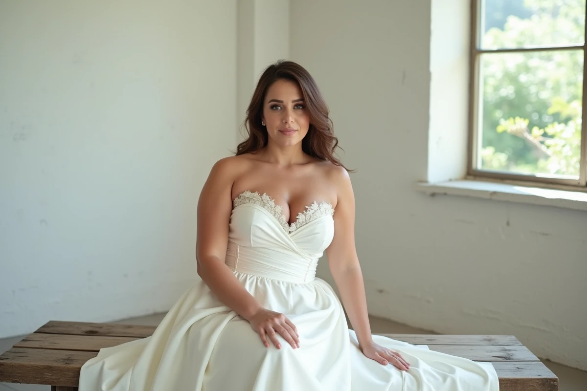 Femme ronde assise en robe longue bustier blanche dans un studio minimaliste avec fenêtre lumineuse