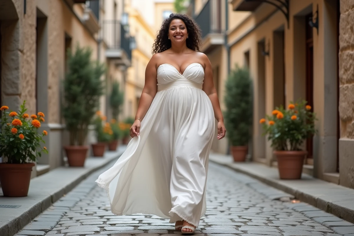 Femme grande taille en robe bustier longue blanche marchant dans une rue pavée d'une vieille ville