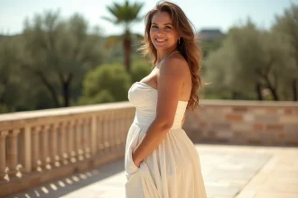 Femme grande taille portant une robe bustier longue blanche sur une terrasse méditerranéenne ensoleillée