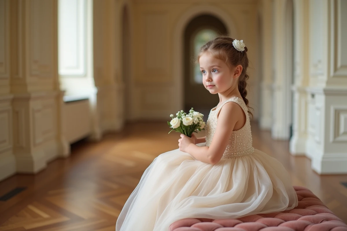 Fillette en robe de cérémonie champagne sur mesure assise sur un banc de velours dans un couloir élégant, tenant un bouquet de fleurs