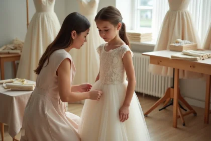 Jeune fille en robe de cérémonie ivoire sur mesure dans un atelier de couture, avec une couturière ajustant l'ourlet