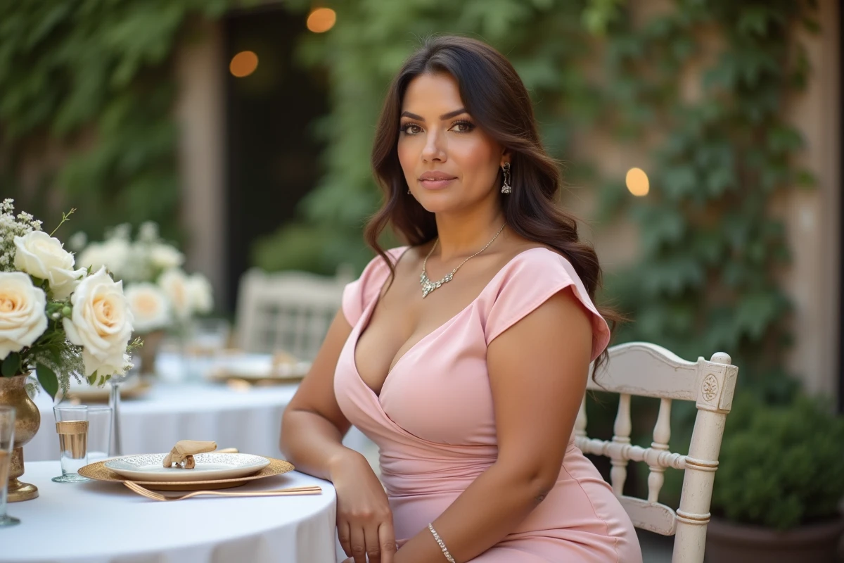 Grande taille femme en robe cocktail rose poudré courte assise à un mariage en plein air