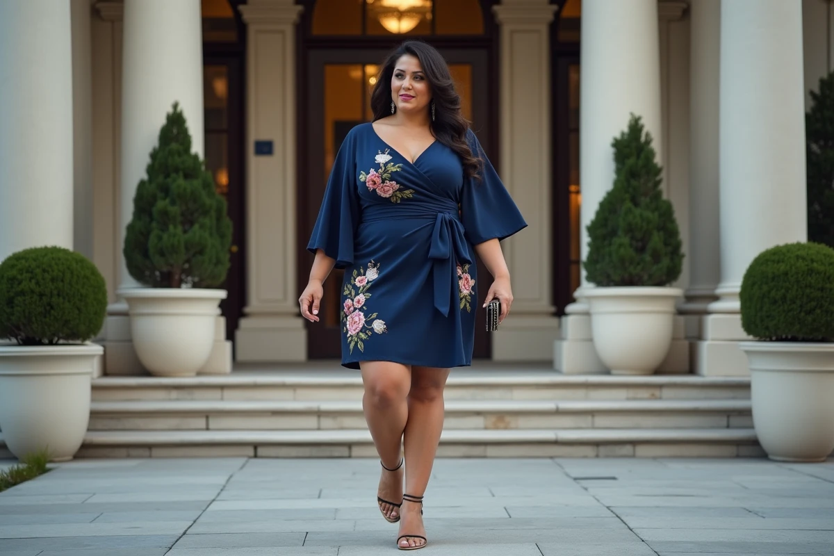 Femme ronde en robe courte cocktail bleu marine brodée devant l'entrée d'un hôtel de mariage