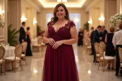 Femme ronde élégante en robe courte cocktail bordeaux dentelle lors d'une réception de mariage