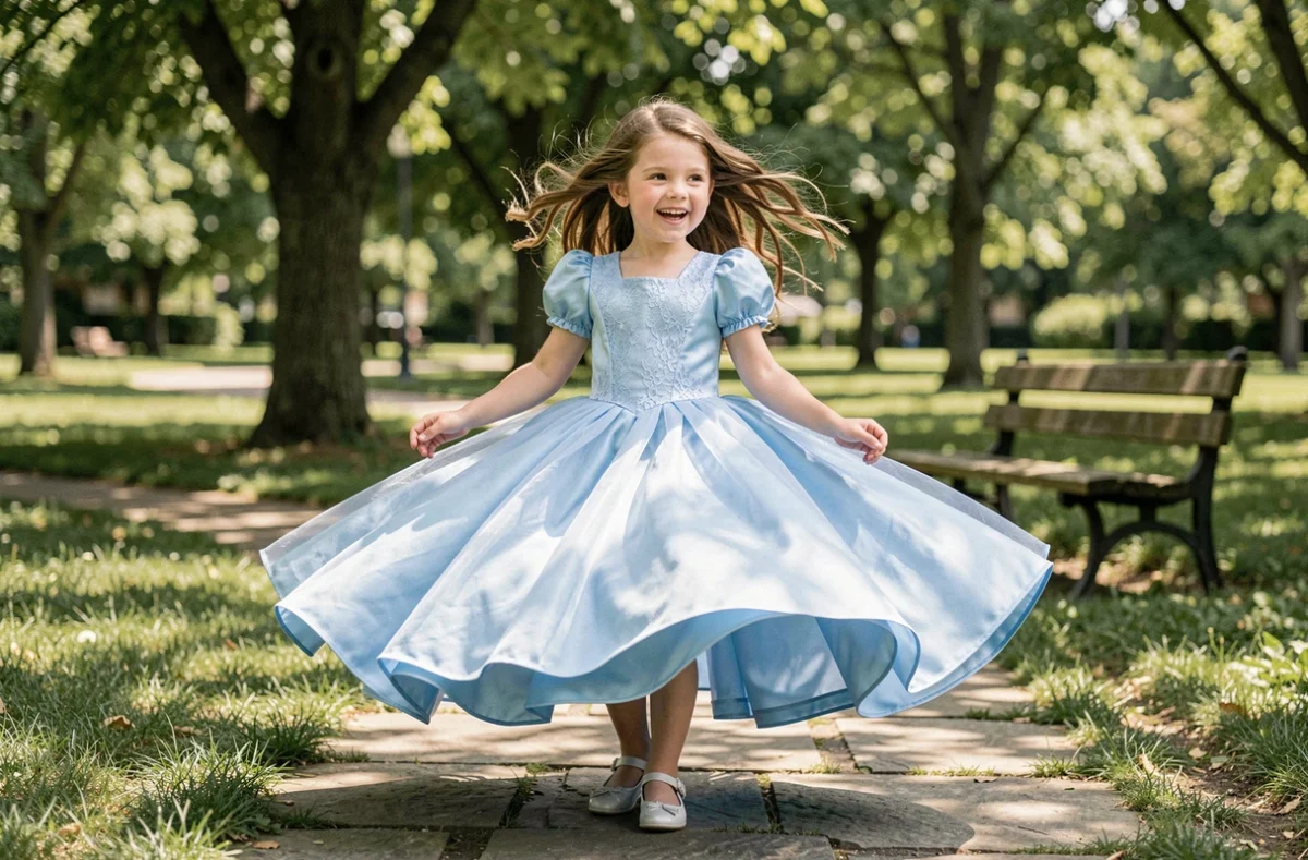 Fillette en robe de princesse bleue qui tourne dans un parc, robe en dentelle et tulle abordable