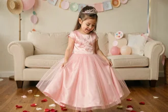 Petite fille portant une robe de princesse rose en tulle et satin avec tiare lors d'une fête d'anniversaire maison