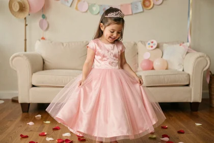 Petite fille portant une robe de princesse rose en tulle et satin avec tiare lors d'une fête d'anniversaire maison