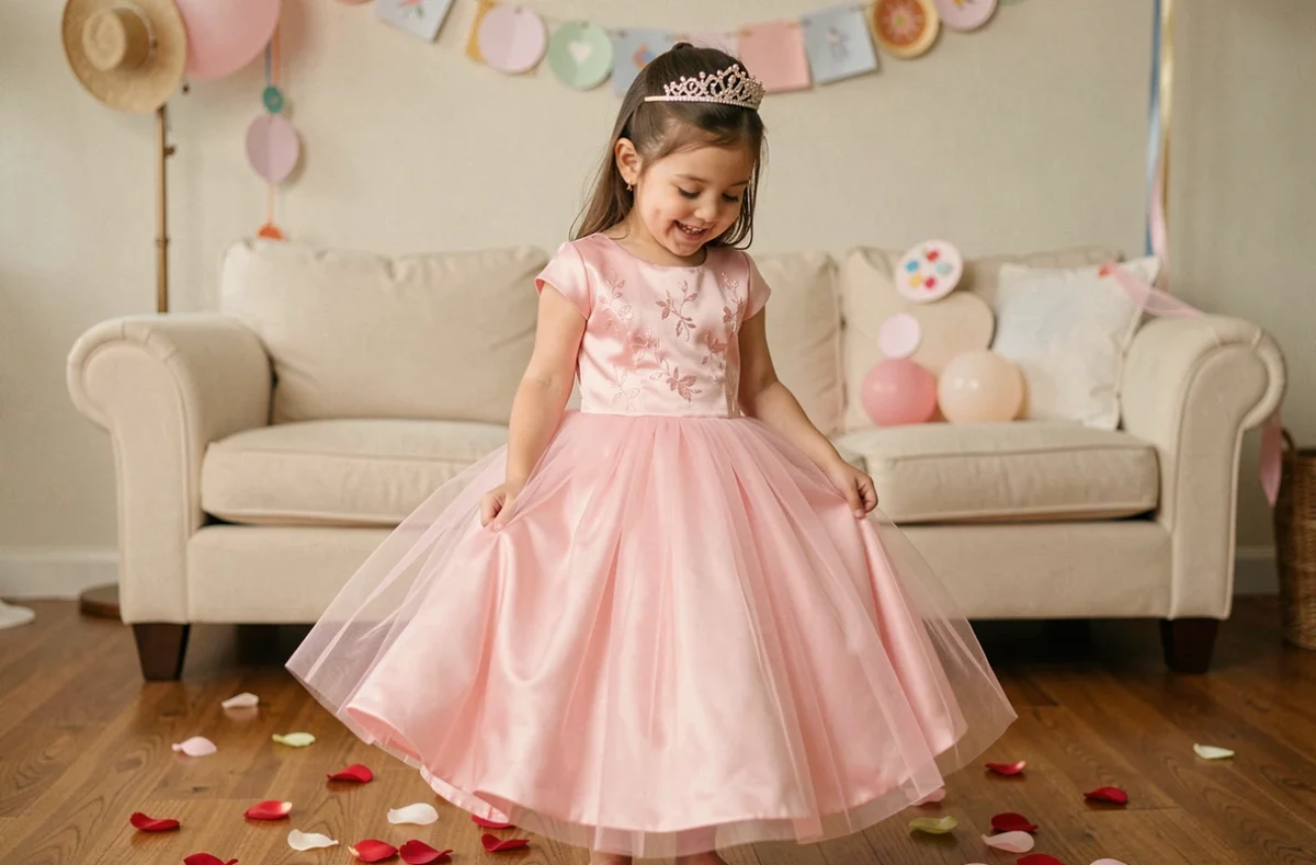 Petite fille portant une robe de princesse rose en tulle et satin avec tiare lors d'une fête d'anniversaire maison