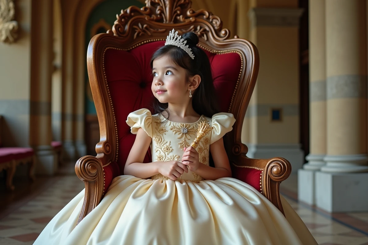 Jeune fille en robe de princesse ivoire et dorée assise sur un trône dans un château lors d'une séance photo