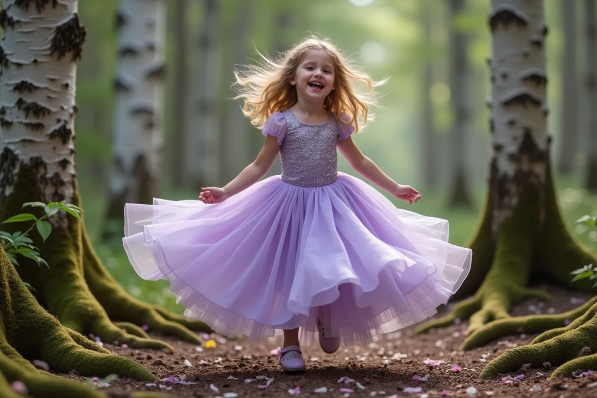 Fillette en robe de princesse lavande virevoltant dans une clairière enchantée lors d'un shooting photo féerique