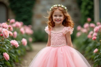 Fillette en robe de princesse rose en tulle posant dans un jardin fleuri lors d'un shooting photo magique