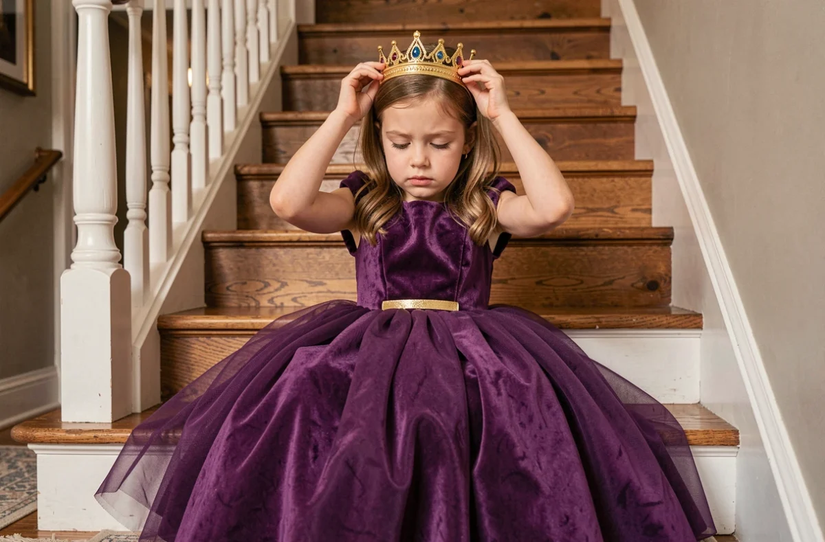 Petite fille assise sur un escalier en bois portant une robe de princesse violette en velours avec ceinture dorée et couronne