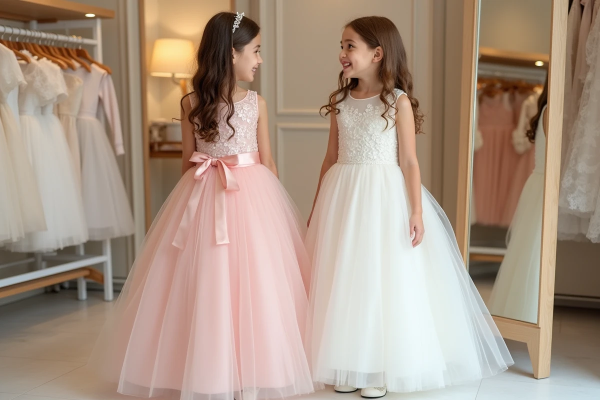 Deux fillettes essayant des robes de cérémonie prêt-à-porter dans une boutique enfantine, devant un miroir en pied