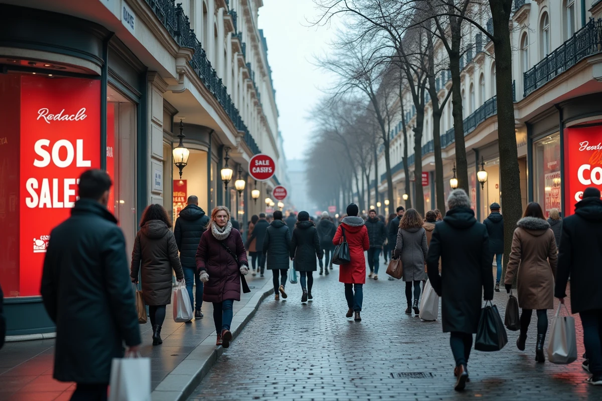Rue commerçante française animée pendant les soldes d'hiver avec vitrines promotionnelles et passants en manteau
