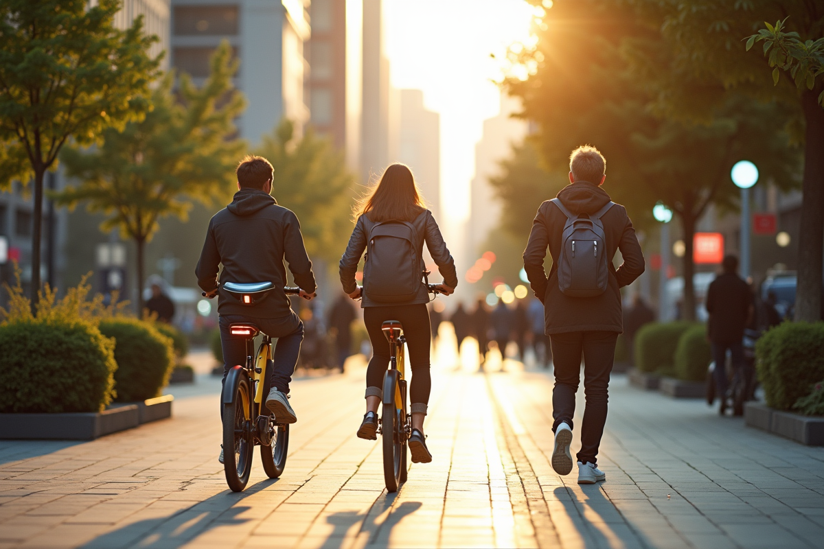 Rue urbaine avec piétons utilisant des technologies futuristes et vélos électriques
