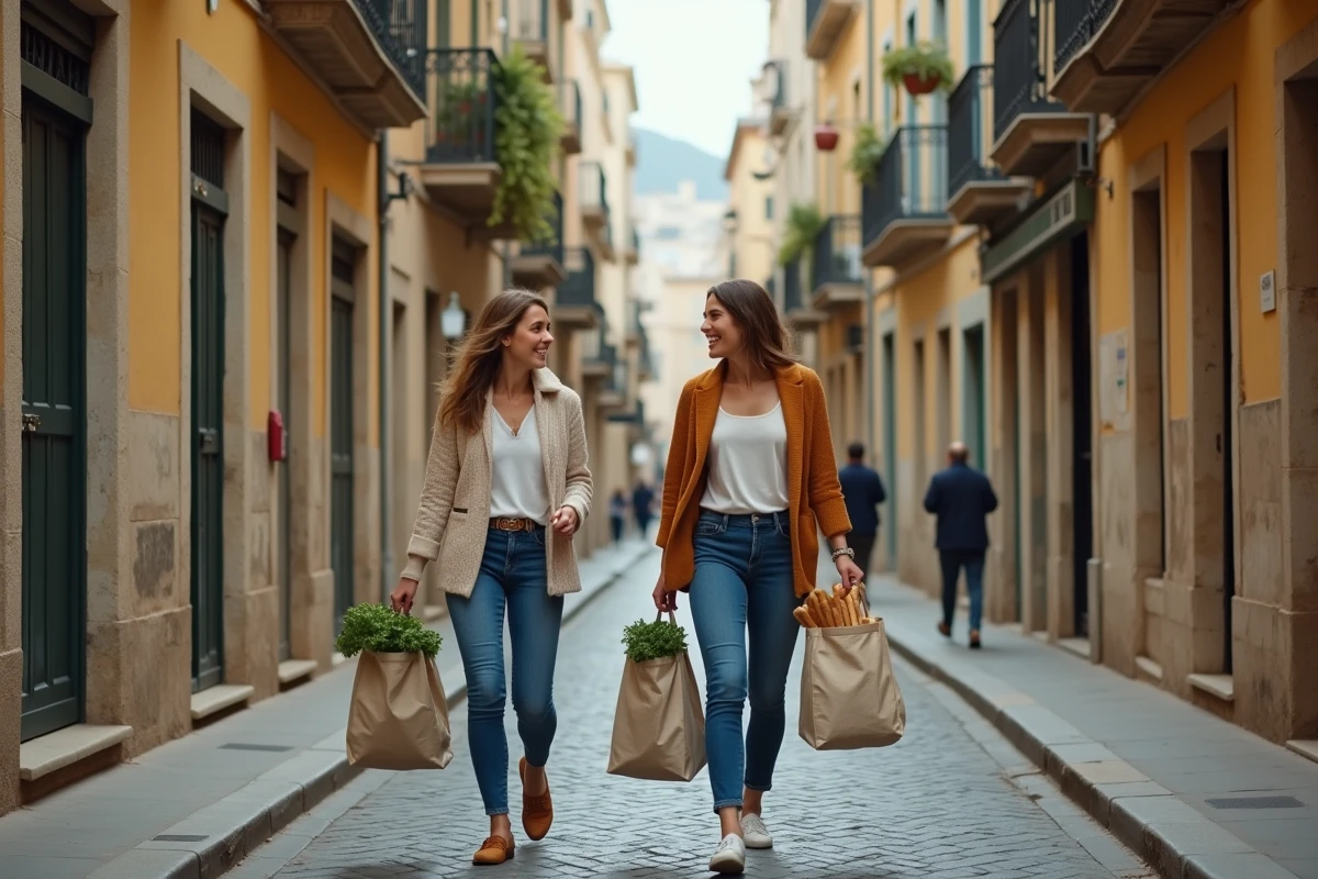 Deux femmes se promenant dans les ruelles authentiques du Panier à Marseille avec leurs courses locales