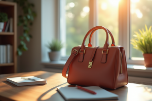 Sac à main élégant sur un bureau en bois avec cahier