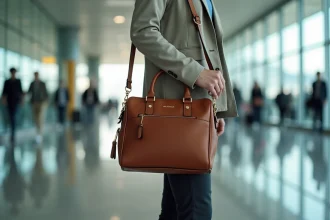 Femme tenant un sac à main de voyage en cuir structuré dans un aéroport moderne