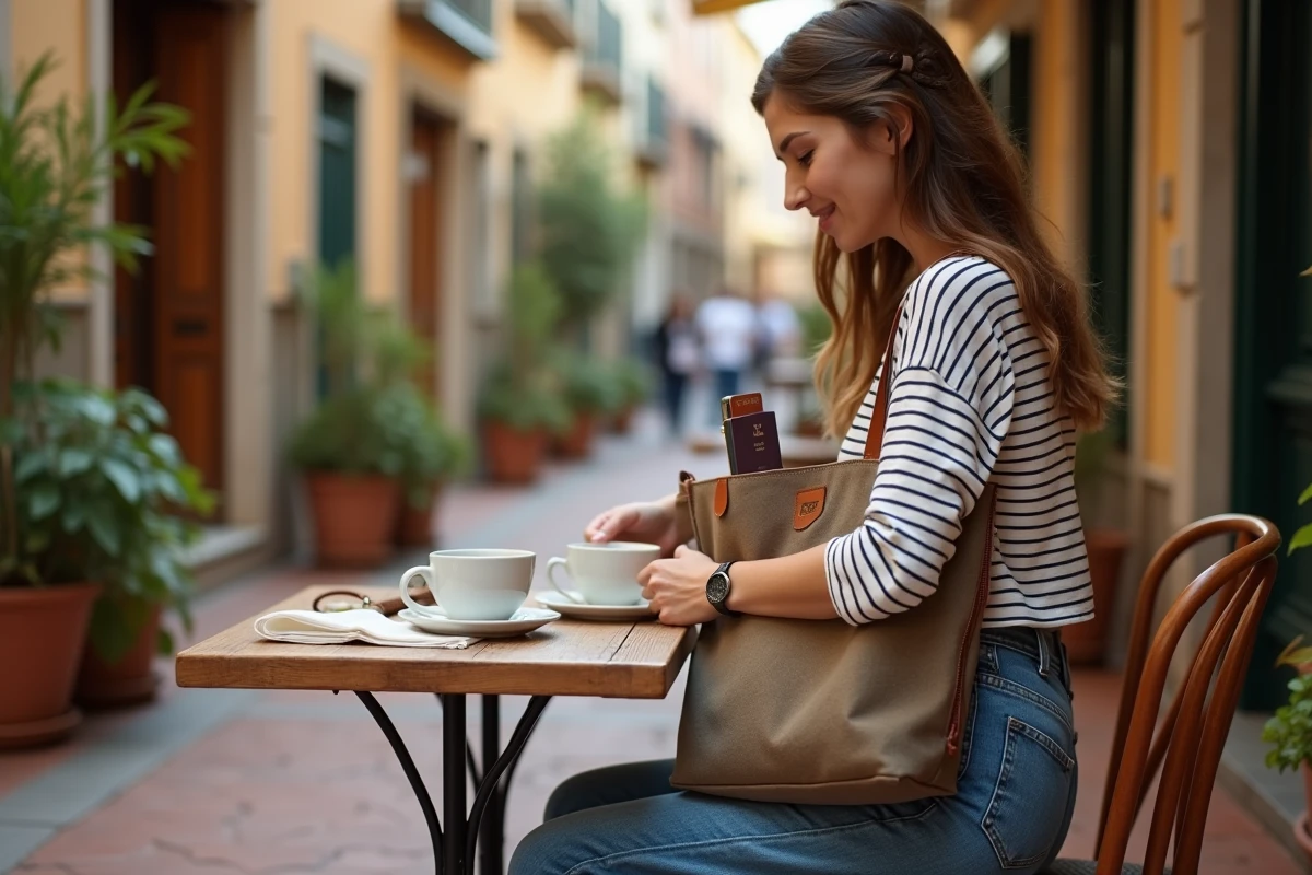 Sac à main de voyage ouvert sur une table de café avec passeport et accessoires visibles