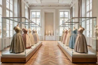 Salle de musée parisien présentant des robes anciennes sur des mannequins