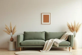 Salon minimaliste avec canapé vert kaki, table en béton et accessoires blanc cassé dans un intérieur design et épuré