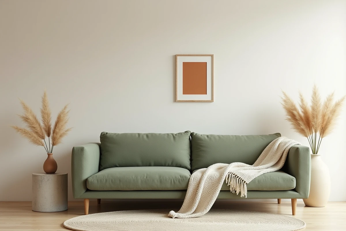 Salon minimaliste avec canapé vert kaki, table en béton et accessoires blanc cassé dans un intérieur design et épuré