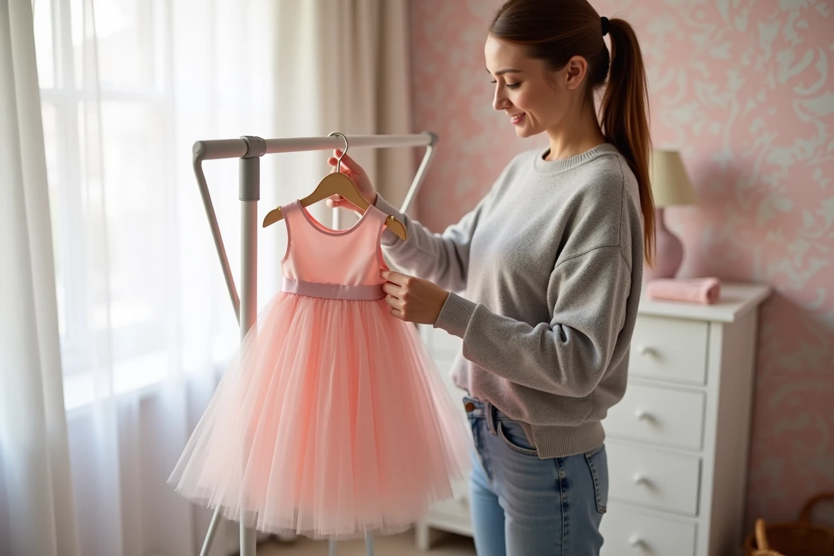 Femme suspendant une robe de fête bébé en tulle rose sur un cintre pour la faire sécher à l'air