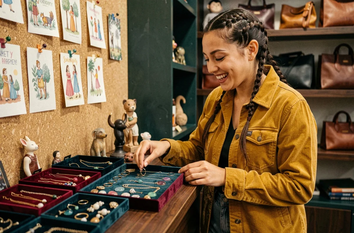 Intérieur de Serendipity concept store avec bijoux artisanaux sur plateaux veloutés, cartes illustrées sur mur en liège et maroquinerie sur étagère en noyer