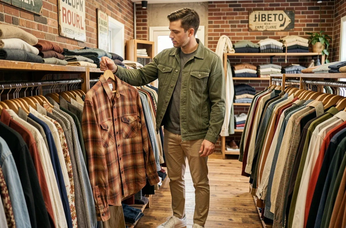 Jeune homme explorant des vêtements de seconde main dans une friperie vintage, nouvelle habitude de shopping après la fermeture de Zara