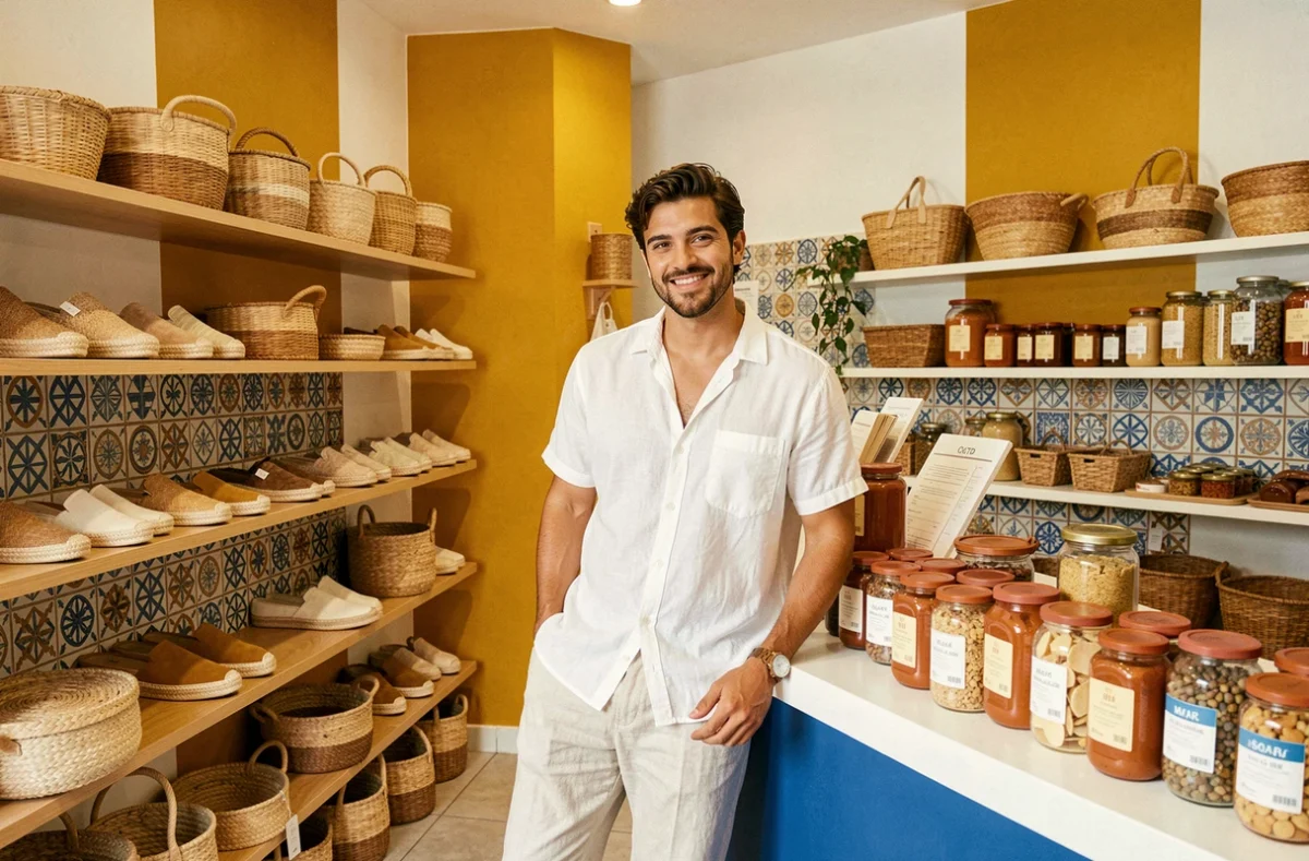 Intérieur de SOLAR MTP à Montpellier avec des murs jaune méditerranéen, espadrilles artisanales, paniers tressés et produits régionaux en céramique
