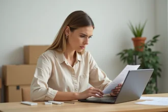 Femme consultant un reçu de livraison sur son ordinateur portable lors d'un suivi de commande en ligne