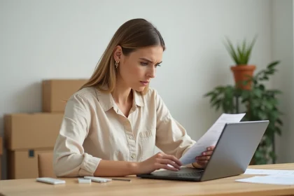 Femme consultant un reçu de livraison sur son ordinateur portable lors d'un suivi de commande en ligne