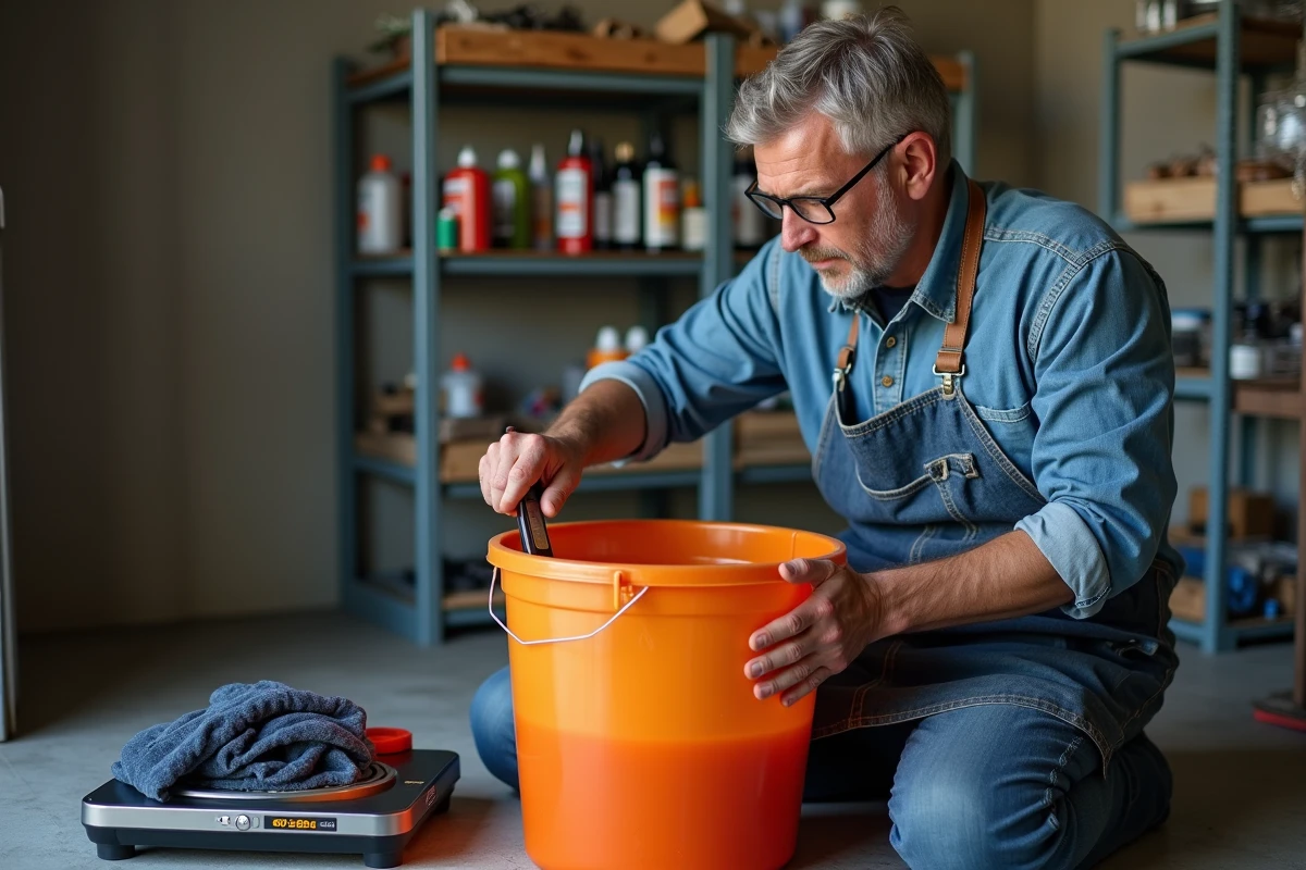 Homme teignant une veste en polyester dans un seau de teinture orange dans un garage, solution économique et artisanale de teinture textile