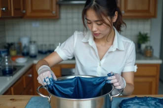 Femme teignant un tissu polyester blanc en bleu indigo dans une casserole à la maison, méthode économique de teinture textile DIY
