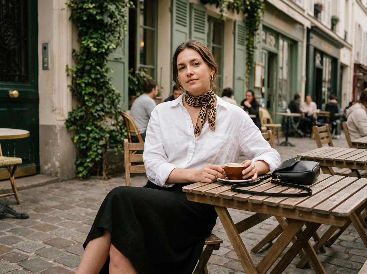 Jeune femme en chemise en lin et jupe midi noire avec foulard léopard en soie et boucles d'oreilles dorées à la terrasse d'un café parisien
