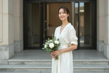 Femme en robe blanche minimaliste en lin devant une mairie moderne pour un mariage civil élégant