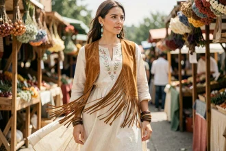 Femme en robe longue bohème en lin avec gilet à franges et bijoux turquoise dans un marché en plein air
