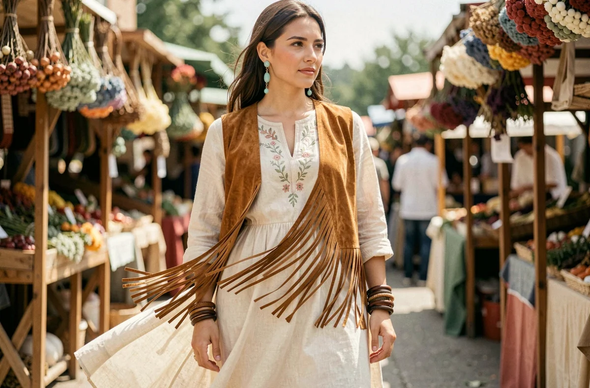 Femme en robe longue bohème en lin avec gilet à franges et bijoux turquoise dans un marché en plein air