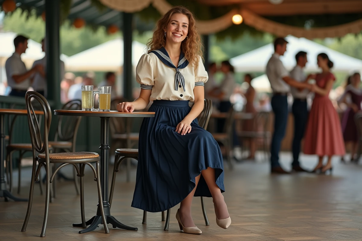 Femme assise en tenue guinguette jupe bleue plissée et chemisier crème dans un pavillon de bal musette rétro