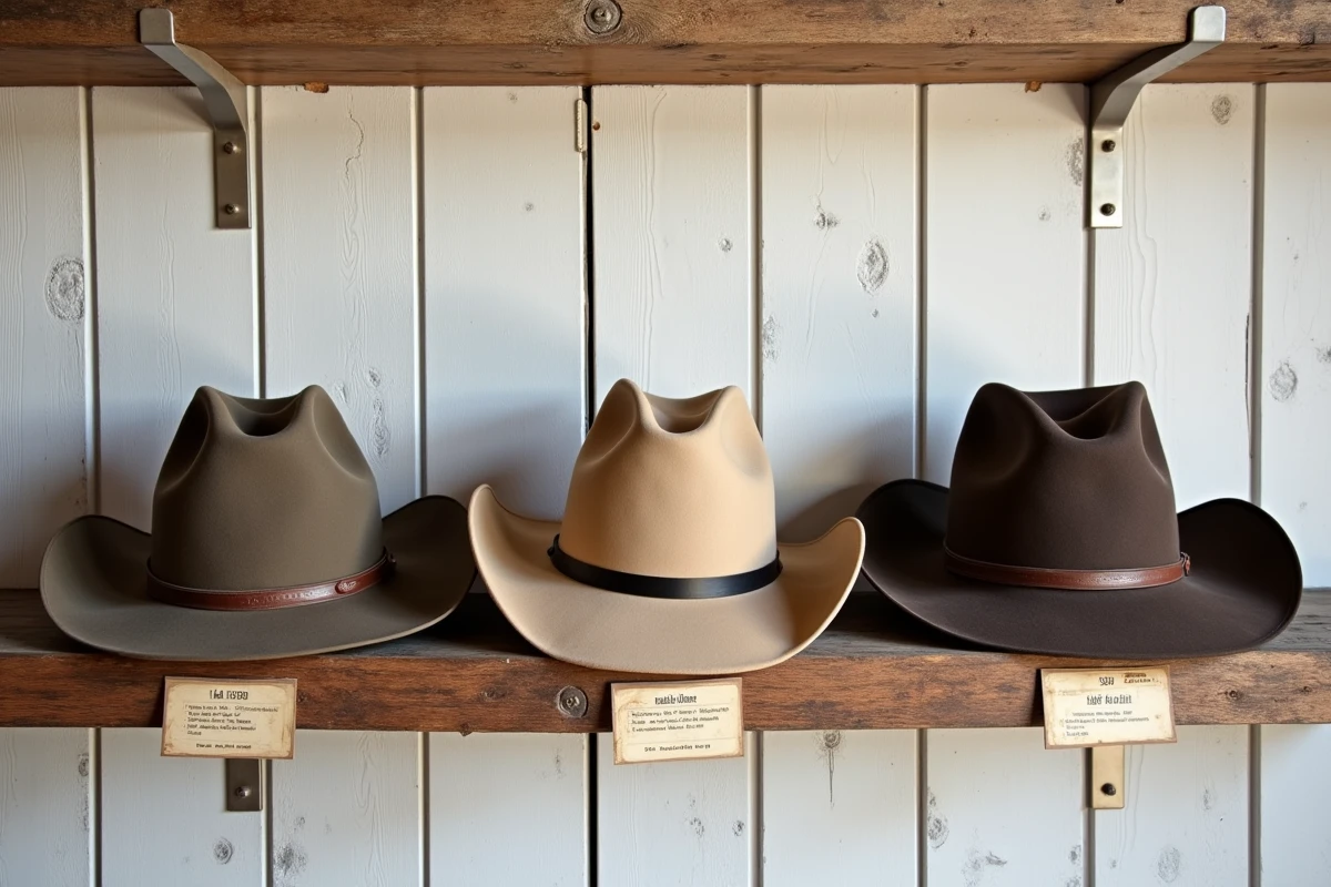 Trois chapeaux de cowboy vintage des années 1920 à 1950 exposés sur une étagère de collectionneur avec étiquettes de modèles historiques