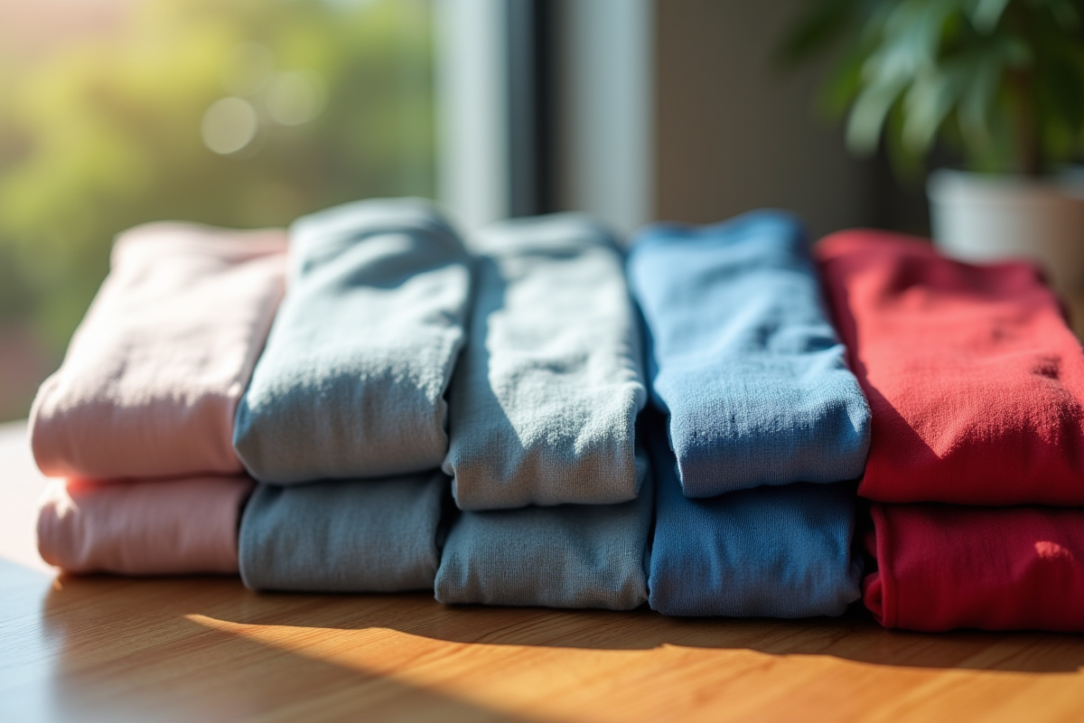 Cinq t-shirts pliés de couleurs différentes sur une table en bois