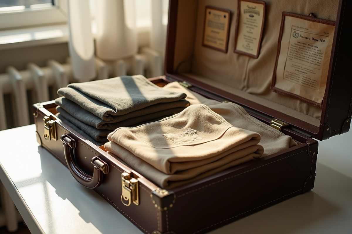 Valise vintage ouverte avec vêtements rares des années 1950 et 1960 en gros plan