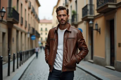 Homme portant une veste vintage en cuir marron patiné dans une rue pavée européenne, style intemporel années 70