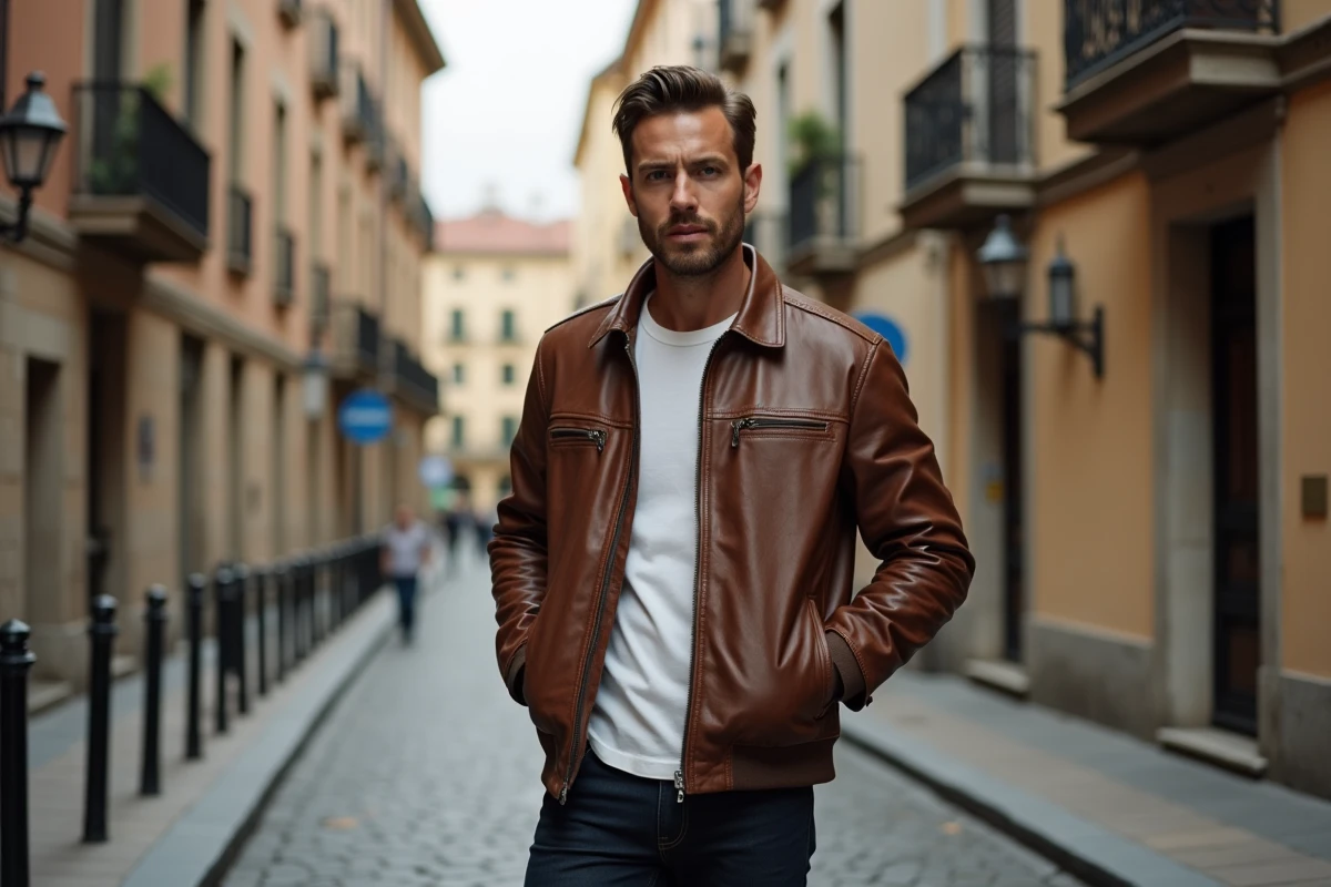 Homme portant une veste vintage en cuir marron patiné dans une rue pavée européenne, style intemporel années 70