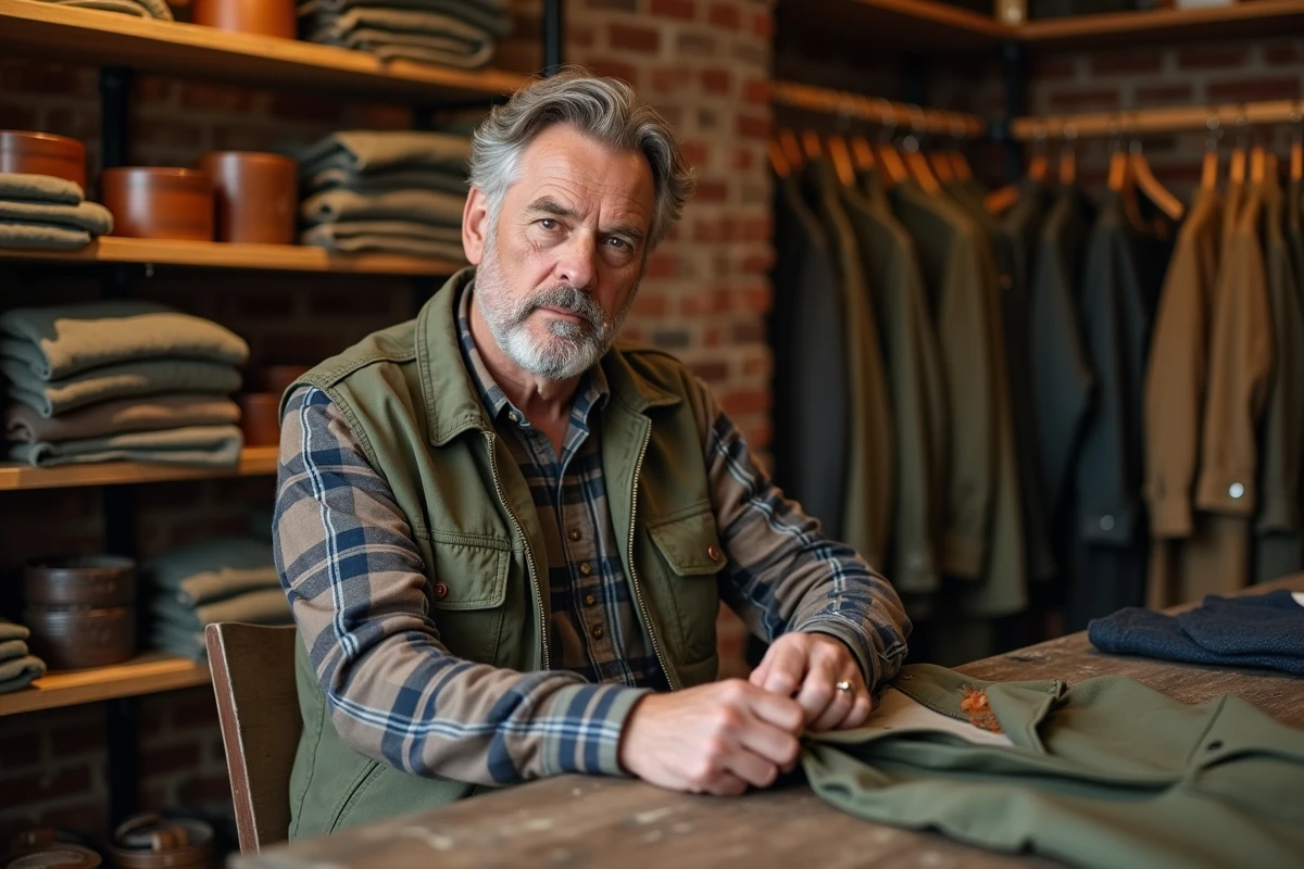 Homme en veste militaire vintage kaki examinant une veste ancienne dans une boutique de vêtements rétro au décor en briques