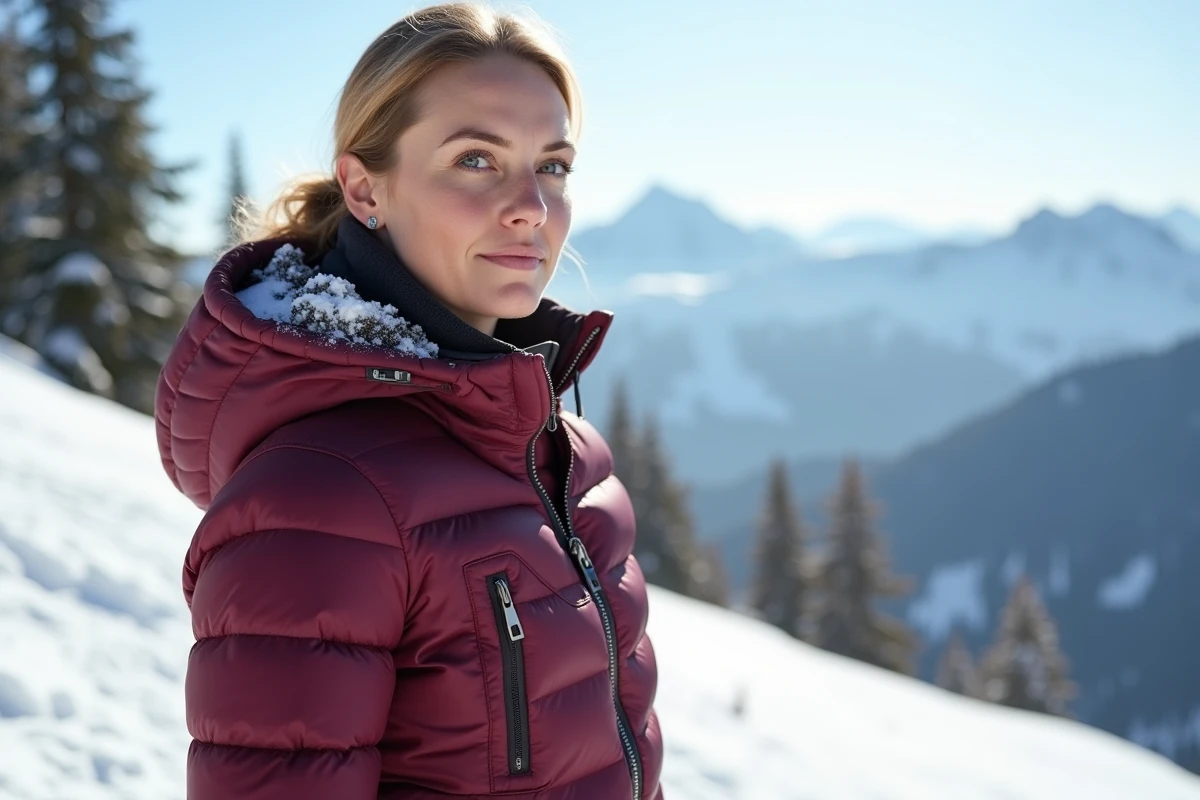 Femme portant une veste de ski de luxe en bordeaux sur une piste alpine enneigée, incarnant l'élégance et le raffinement des marques de vêtements de ski haut de gamme