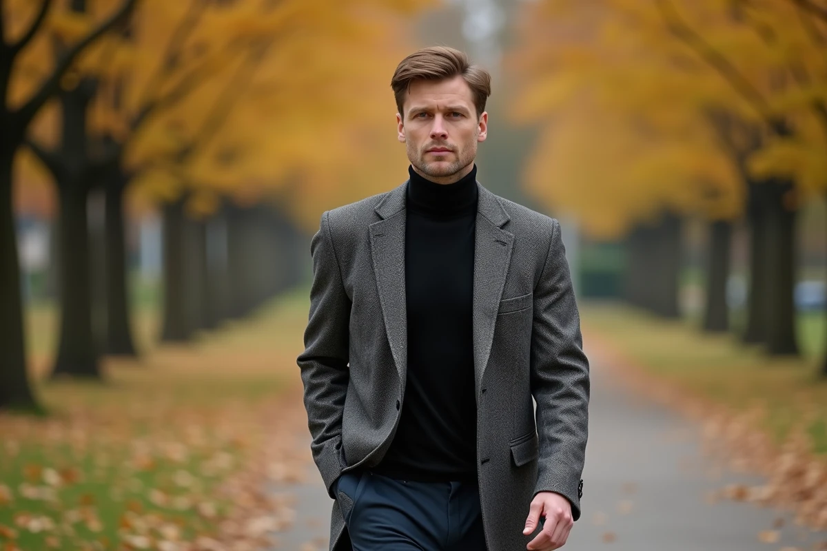Homme en veste vintage tweed à chevrons gris marchant dans un parc en automne avec feuilles dorées au sol
