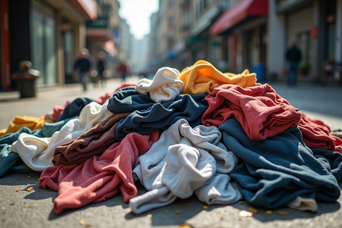 Pile de vêtements usagés dans un environnement urbain en plein air