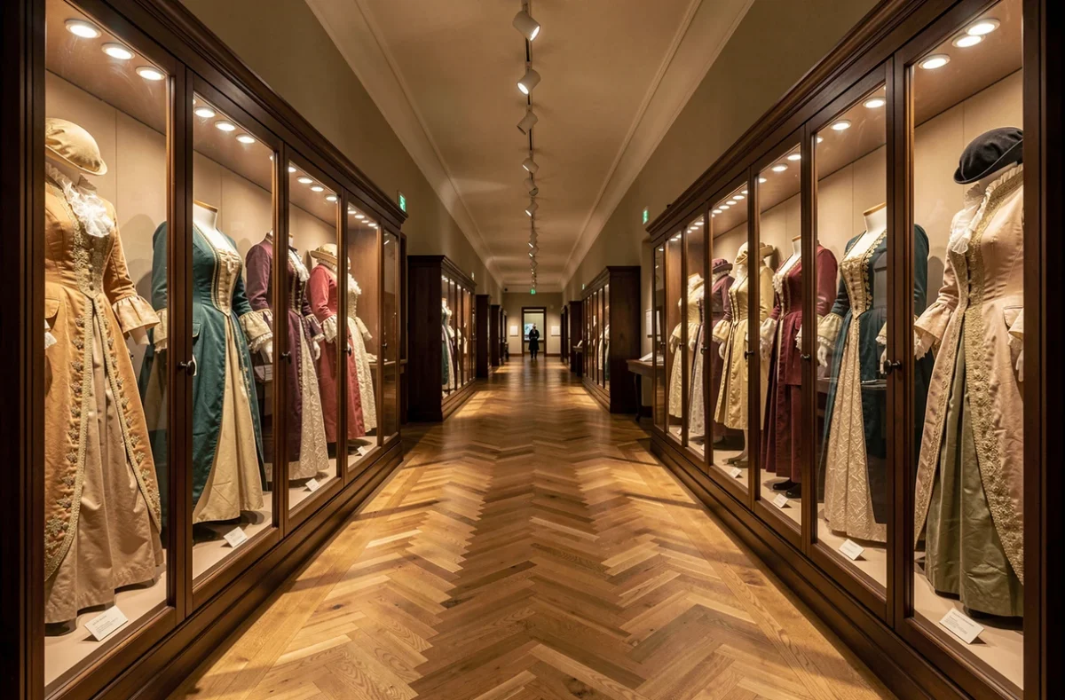 Vitrines de vêtements historiques dans une galerie de musée